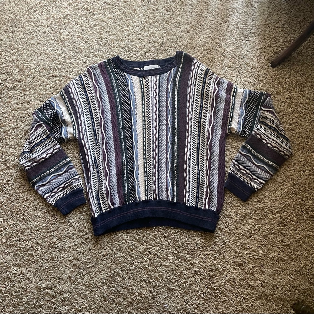 Vintage Christopher & Banks Navy, Cream & Burgundy Striped Crew Neck Sweater